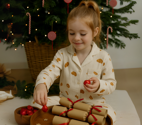 Young girl in Christmas pyjamas with Christmas bon bons