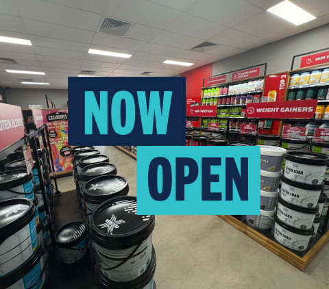 Inside Nutrition Warehouse store with words Now Open