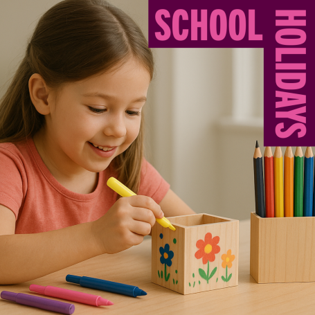 Girl colouring a wooden pencil box with the words School Holidays