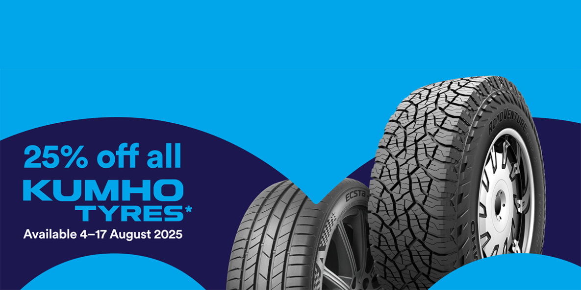 25% off all KUMHO TYRES* Available 4-17 August 2025